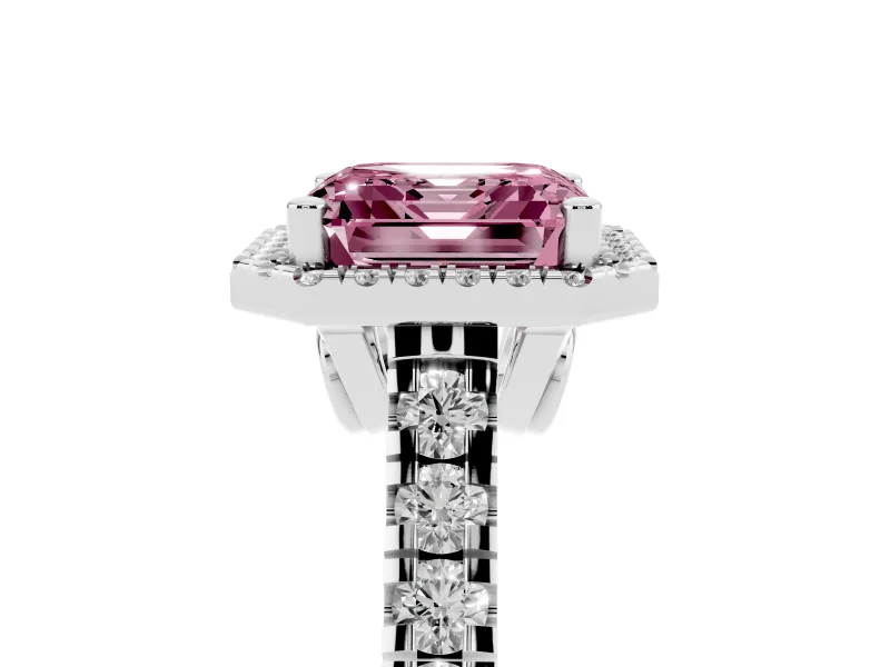 Asscher Cut Halo Engagement Ring Setting for a Fancy Pink Lab-Grown Diamond | Shared Prong Shoulders | Sterling Silver