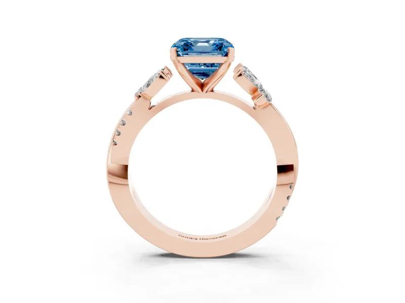 Fancy Blue Asscher Cut Diamond Floral Vine Solitaire Engagement Ring Set in Rose gold with Marquise Leaves