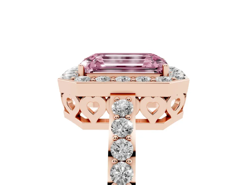 Fancy Pink Emerald Cut Diamond Halo Ring Set in Rose gold with Pavé-Setting Band and Open Prong Center