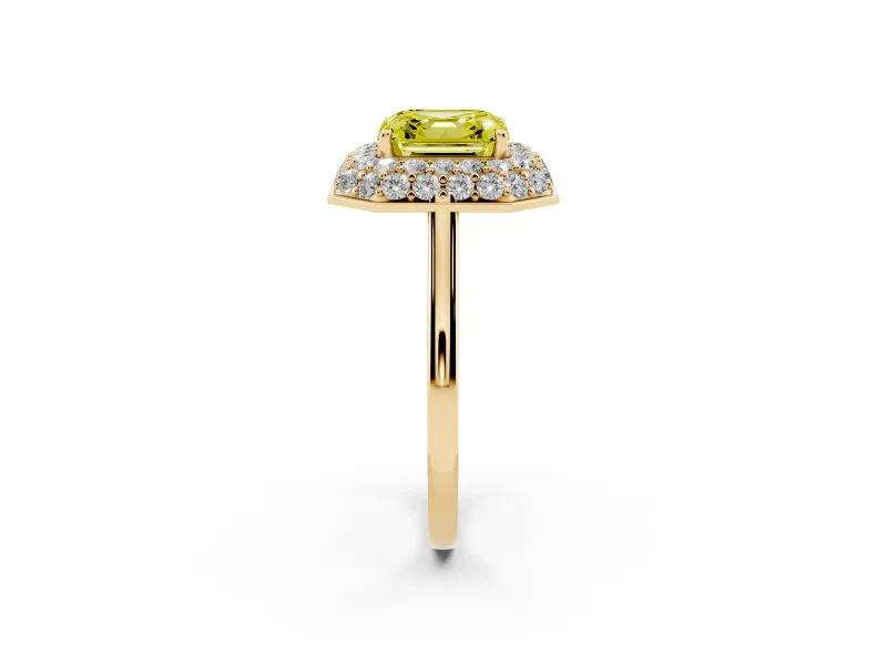 Asscher Cut Pave Halo Engagement Ring Setting for a Fancy Yellow Lab-Grown Diamond | Slim Plain Band | Yellow Gold