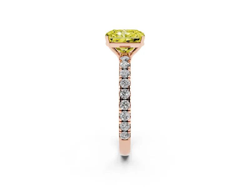 Radiant Cut Pave Solitaire Engagement Ring Setting for a Fancy Yellow Lab-Grown Diamond | Shared Prong Band | Rose Gold
