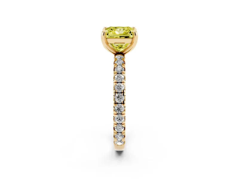 Fancy Yellow Princess Cut Diamond Pavé Solitaire Ring Set in Yellow gold with Round Band and Prong Setting