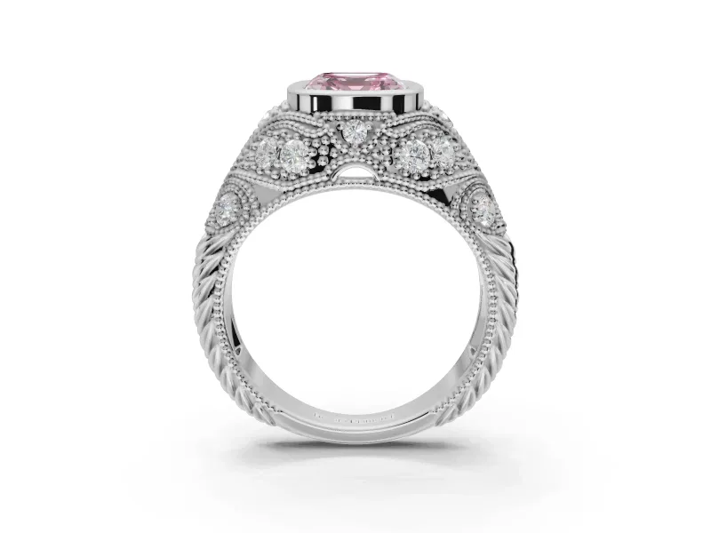 Asscher Cut Vintage Bezel Engagement Ring Setting for a Fancy Pink Lab-Grown Diamond | Milgrain Band | Sterling Silver