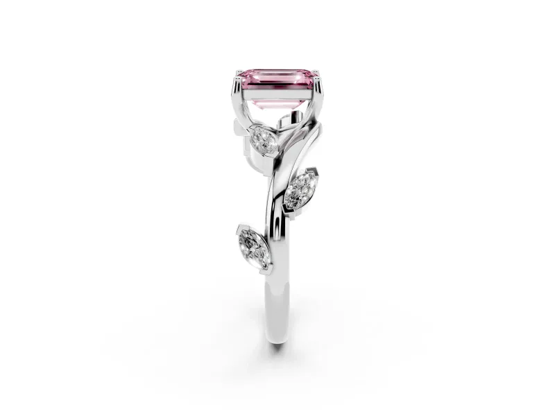 Fancy Pink Emerald Cut Diamond Solitaire Ring Set in White gold with Twisted Marquise Accent Band