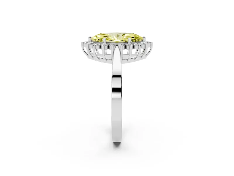 Fancy Yellow Marquise Cut Diamond Halo Ring Set in Platinum with Round Halo and Smooth Solitaire Band