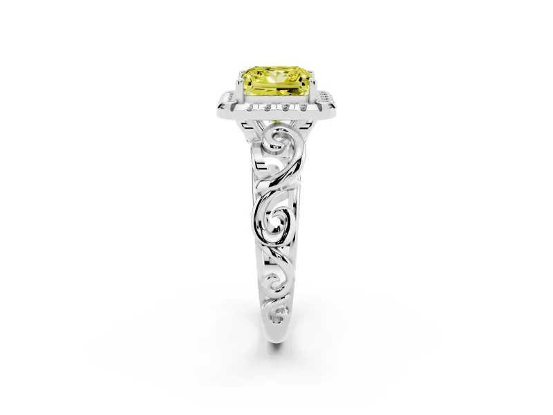 Fancy Yellow Princess Cut Diamond Halo Ring Set in Platinum with Scrollwork Band and Prong Setting