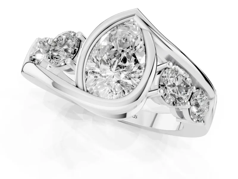 Pear Cut Diamond Bezel Bypass Ring Set in White gold with Round Accents