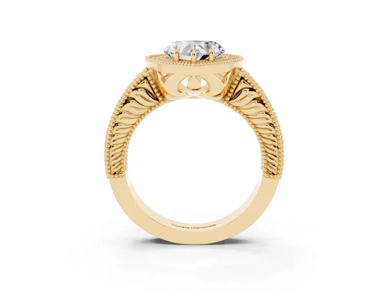 Heart-Shaped Vintage Milgrain Halo Engagement Ring Setting | Carved Leaf Detail | Yellow Gold