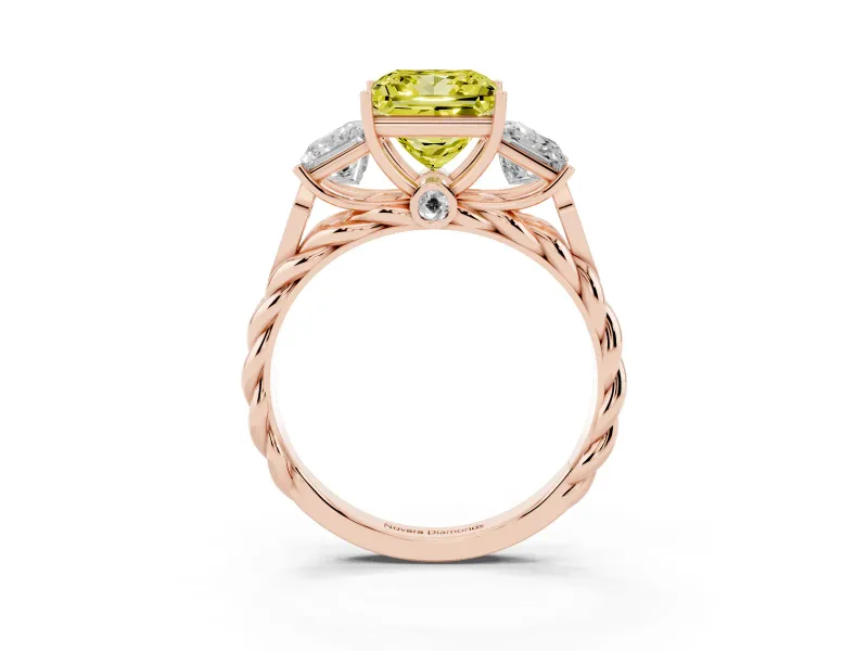 Fancy Yellow Princess Cut Diamond Three-Stone Ring Set in Rose gold with Braided Band