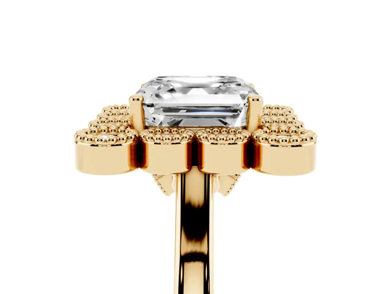 Asscher Cut Vintage Milgrain Bezel Cluster Halo Engagement Ring Setting | Plain Band | Yellow Gold