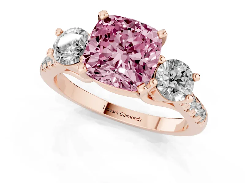 Cushion Cut Three-Stone Engagement Ring Setting for a Fancy Pink Lab-Grown Diamond | Rose Gold
