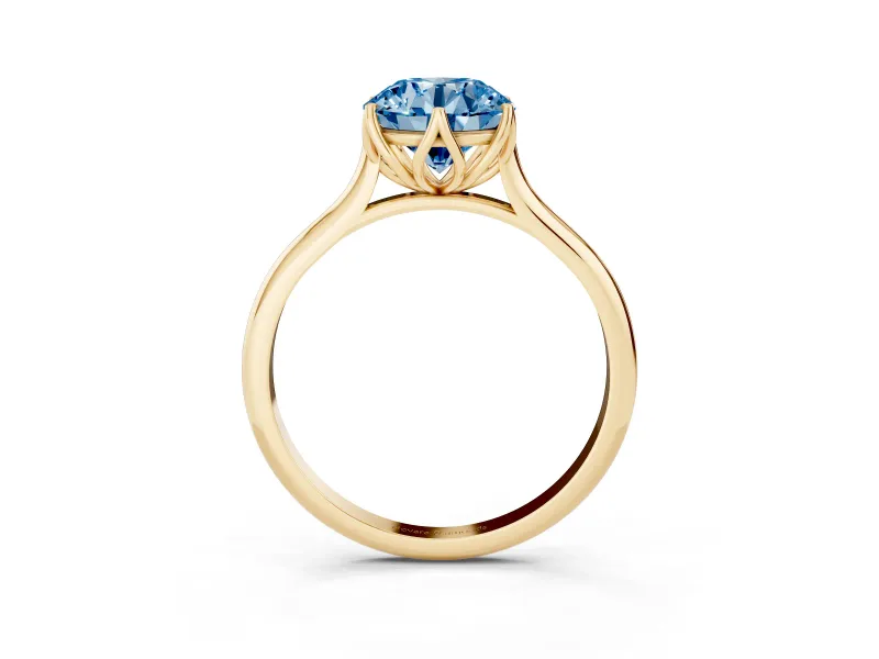 Fancy Blue Round Cut Diamond Solitaire Cathedral Ring Set in Yellow gold with Prong Setting
