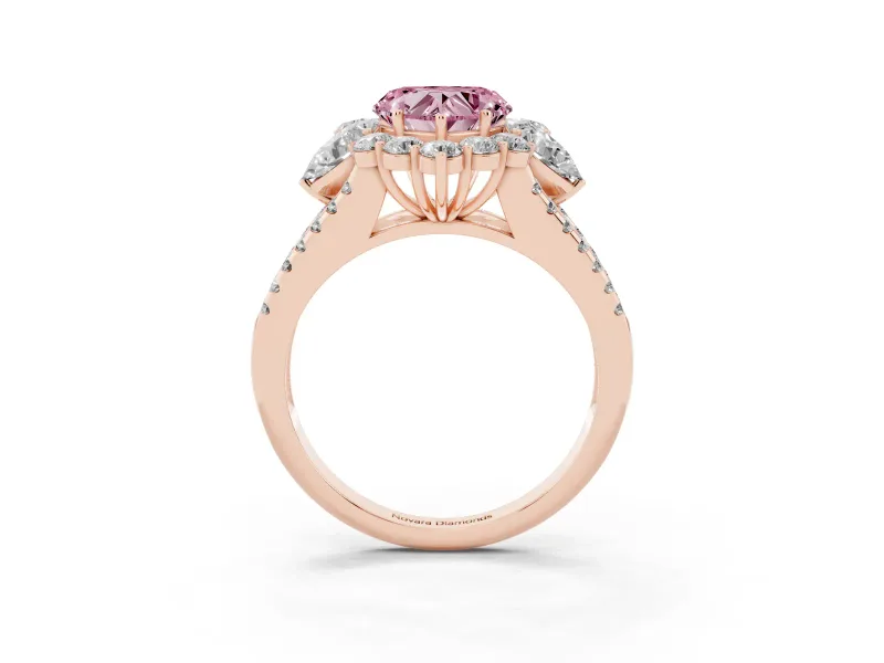 Fancy Pink Heart Cut Diamond Halo Split Shank Engagement Ring Set in Rose gold with Prong-Held Center Stone