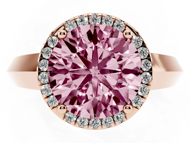 Fancy Pink Round Cut Diamond Halo Ring Set in Rose gold with Cathedral Band and Prong Setting