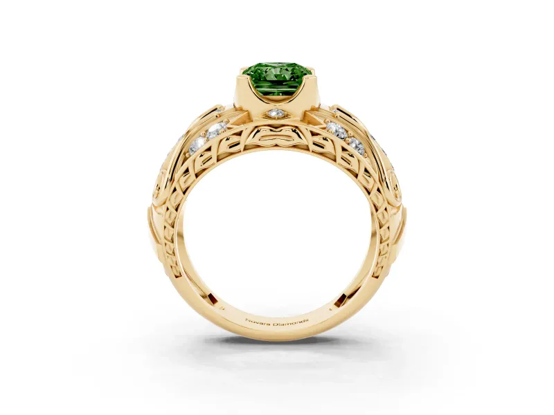 Radiant Cut Art Deco Engagement Ring Setting for a Fancy Green Lab-Grown Diamond | Yellow Gold