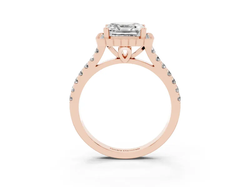 Asscher Cut Diamond Milgrain Floral Halo Engagement Ring Set in Rose gold with Pavé Band