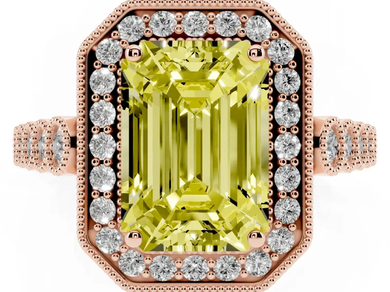Emerald Cut Graduated Milgrain Halo Engagement Ring Setting for a Fancy Yellow Lab-Grown Diamond | Rose Gold
