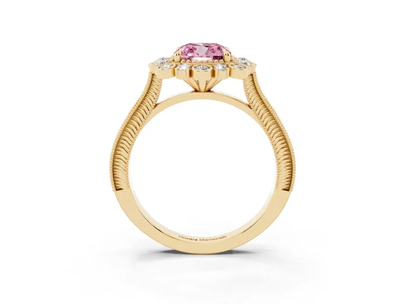 Cushion Cut Scalloped Halo Engagement Ring Setting for a Fancy Pink Lab-Grown Diamond | Milgrain Edges | Yellow Gold