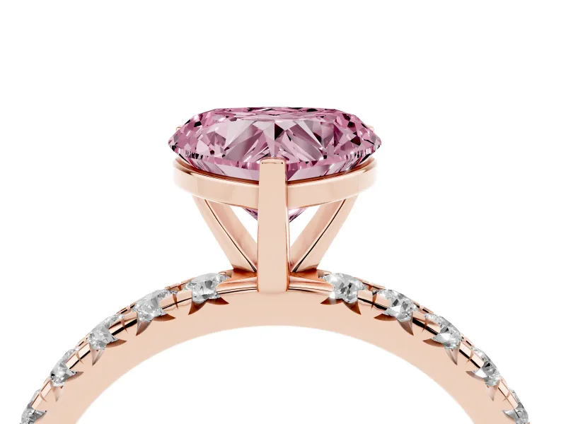 Fancy Pink Heart Cut Diamond Pavé Solitaire Ring Set in Rose gold with Round Band and Prong Setting