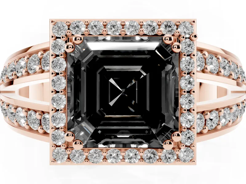 Asscher Cut Halo Engagement Ring Setting for a Black Center | Two-Row Pavé Split Shank | Rose Gold