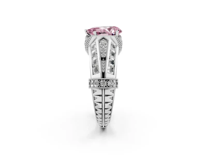 Fancy Pink Pear Cut Diamond Vintage-Inspired Milgrain Ring Set in Silver with Accent Split Shank