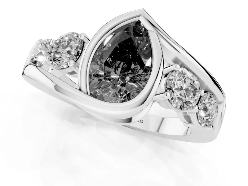 Fancy Black Pear Cut Diamond Bezel Bypass Ring Set in Silver with Round Accents