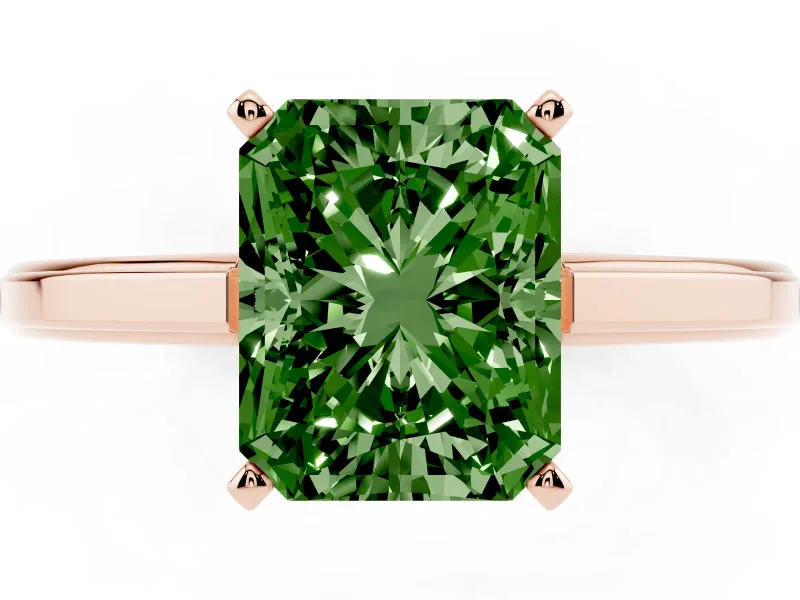 Fancy Green Radiant Cut Diamond Solitaire Ring Set in Rose gold with Prong Setting and Classic Band