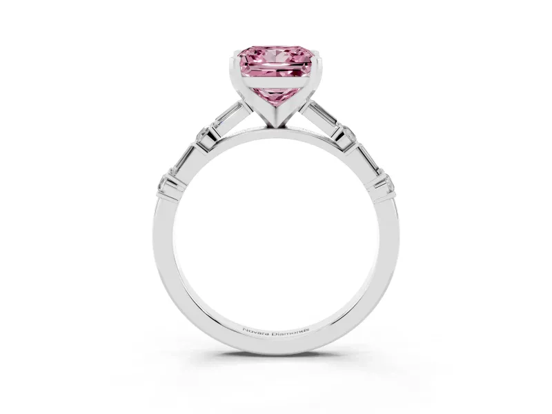 Fancy Pink Princess Cut Diamond Solitaire Set in White gold with Side Baguettes and Channel Set Band