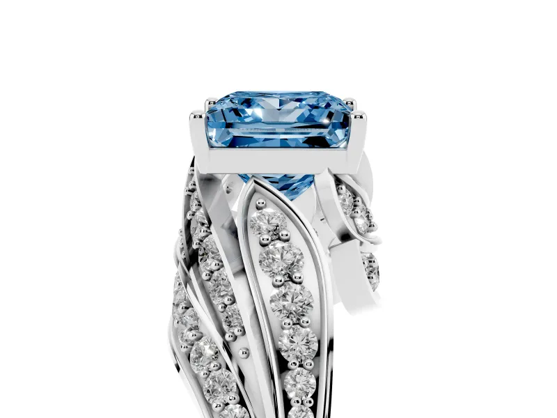 Fancy Blue Princess Cut Diamond Solitaire Ring Set in Silver with Layered Twist Pavé Band