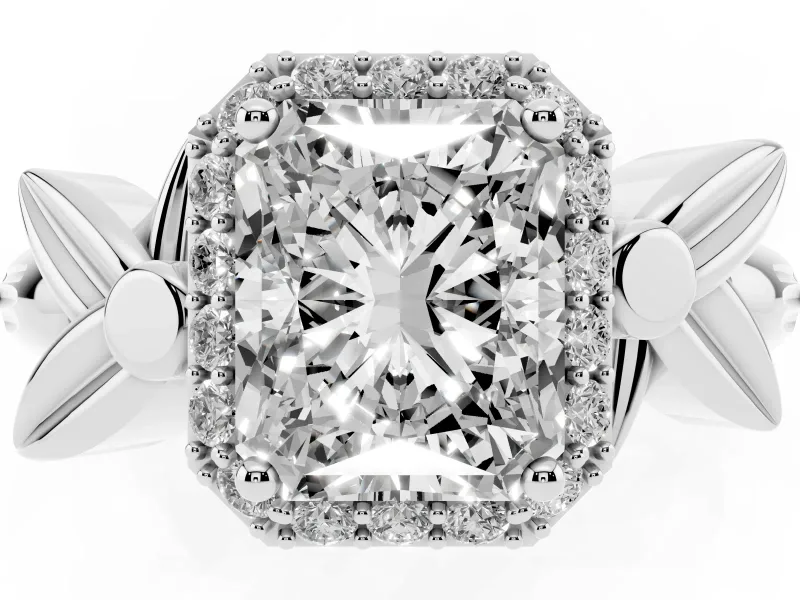 Radiant Cut Diamond Halo Floral Band Ring Set in Silver with Prong Setting
