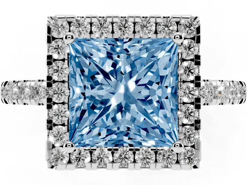 Fancy Blue Princess Cut Diamond Pavé Band Halo Engagement Ring Set in White gold with Prong Setting