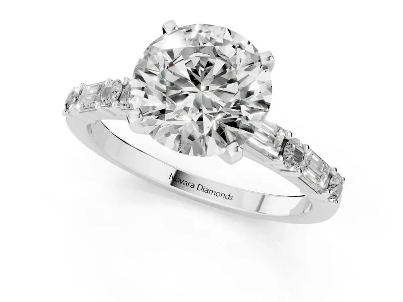Round Cut Diamond Solitaire Set in Silver with Side Baguettes and Channel Set Band