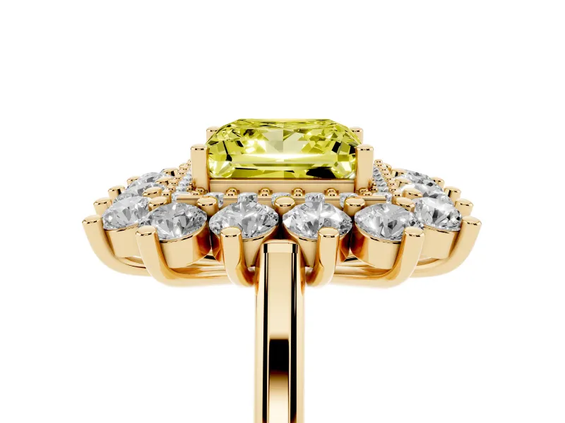 Princess Cut Floral Double Halo Engagement Ring Setting for a Fancy Yellow Lab-Grown Diamond | Plain Band | Yellow Gold