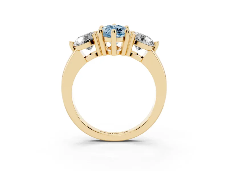 Fancy Blue Marquise Cut Diamond Three-Stone Ring Set in Yellow gold with Prong Setting and Classic Band