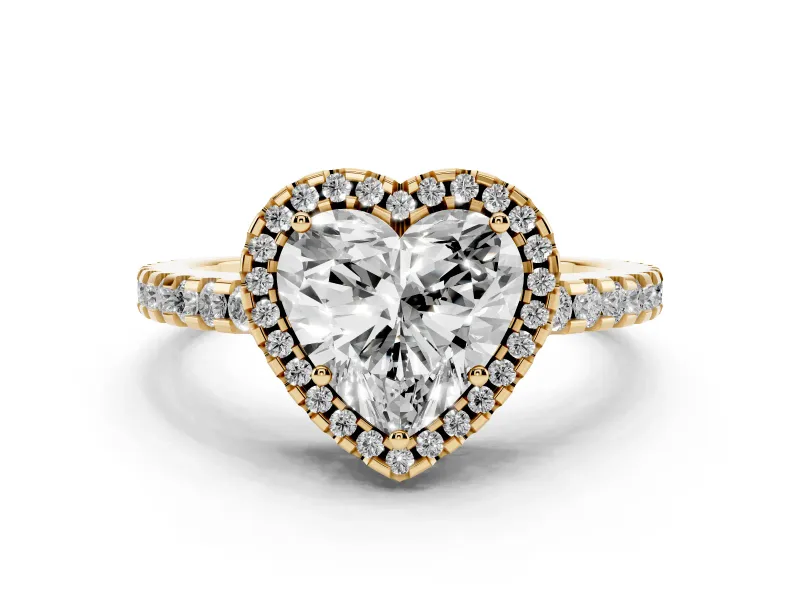 Heart Cut Diamond Halo Ring Set in Yellow gold with Pavé Shoulders and Halo-Framed Center