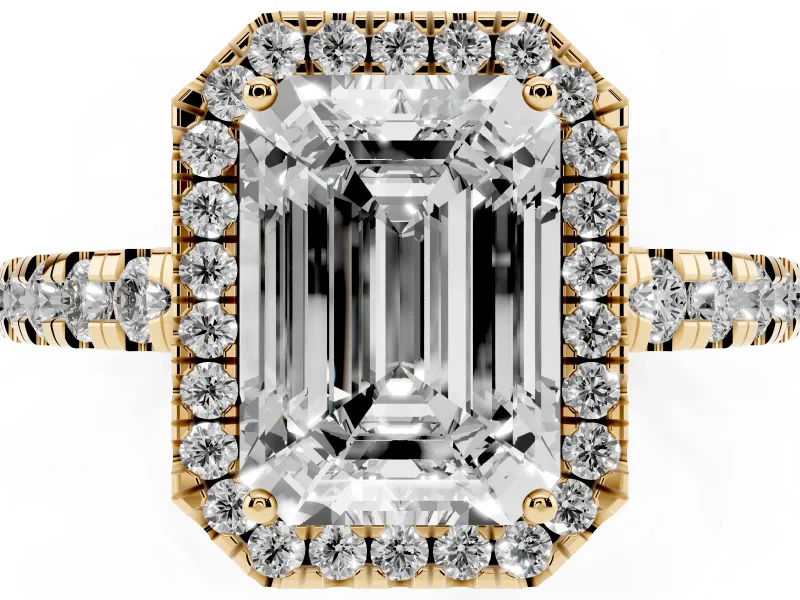 Emerald Cut Halo Engagement Ring Setting | Graduated Pavé Band | Yellow Gold