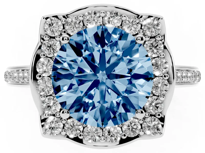 Round Halo Engagement Ring Setting for a Fancy Blue Lab-Grown Diamond | Petal Tips | Sterling Silver