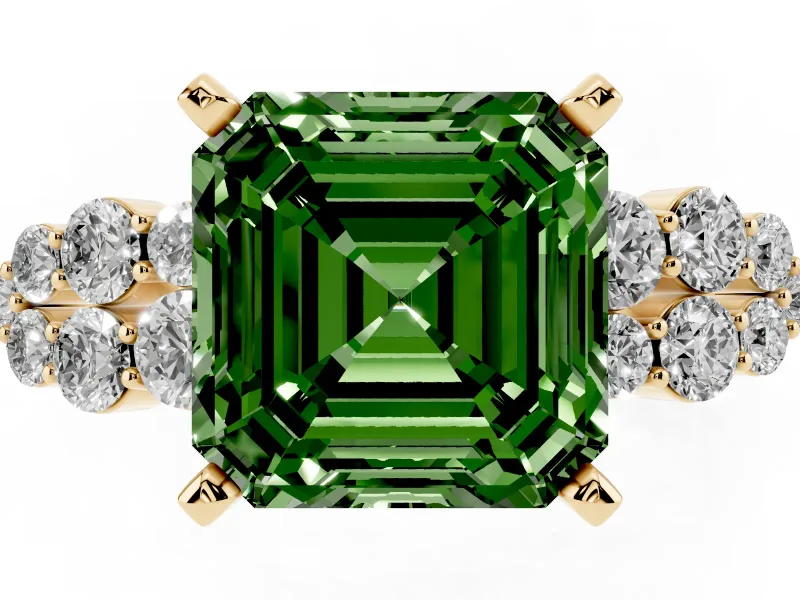 Fancy Green Asscher Cut Diamond Cluster Engagement Ring Set in Yellow gold with Pavé Band and Prong Setting