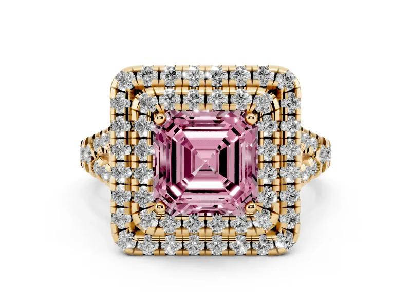 Fancy Pink Asscher Cut Diamond Double Halo Ring Set in Yellow gold with Pavé Split Shank and Prong Setting