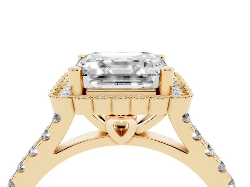 Asscher Cut Vintage Milgrain Floral Halo Engagement Ring Setting | Pavé Band | Yellow Gold