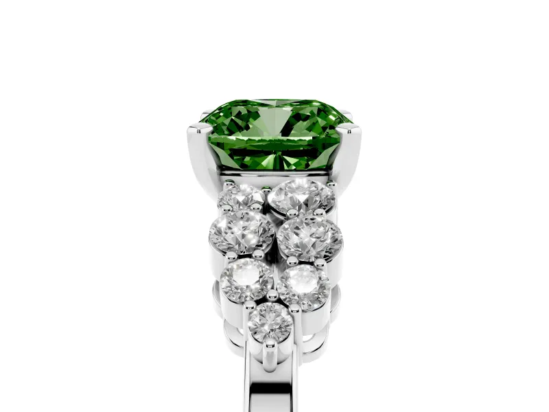 Fancy Green Cushion Cut Diamond Cluster Engagement Ring Set in Platinum with Pavé Band and Prong Setting