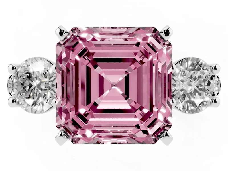 Fancy Pink Three-Stone Asscher Cut Diamond Pavé Band Ring Set in White gold with Prong-Set Trio