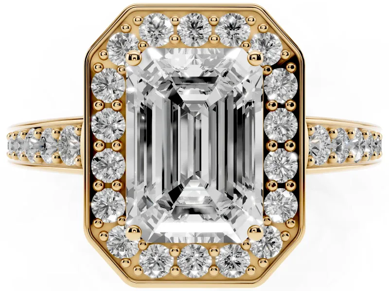 Emerald Cut Framed Halo Engagement Ring Setting | Graduated Pavé Band | Yellow Gold