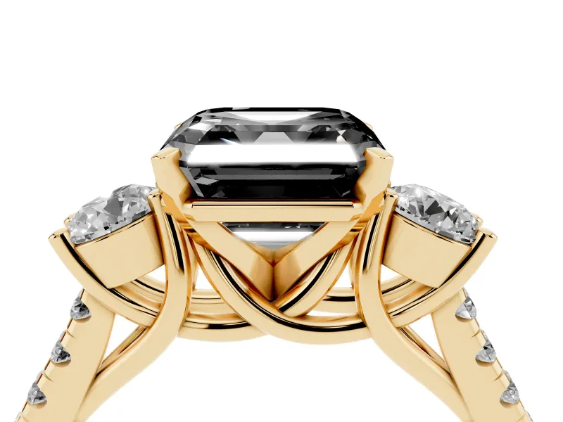 Asscher Cut Three-Stone Engagement Ring Setting for a Black Center | Pavé Shoulders | Yellow Gold