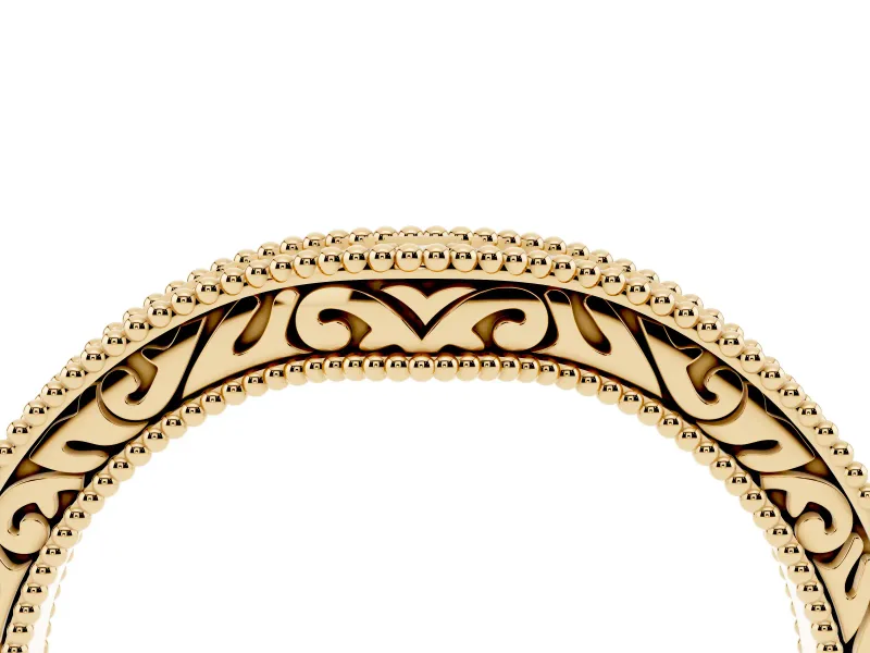 Round Diamond Curved Milgrain Band Set in Yellow gold with Pavé Row