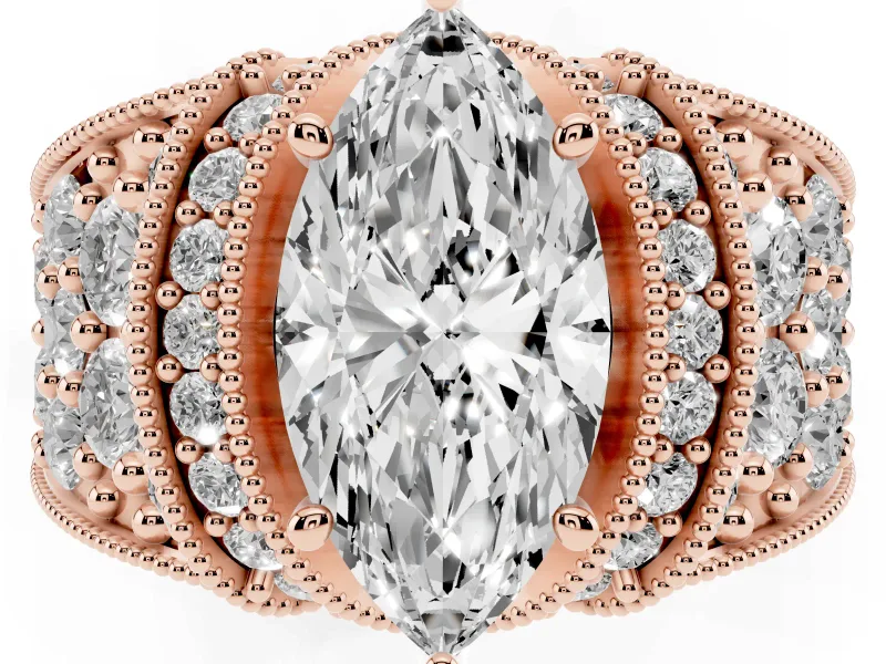 Marquise Vintage Milgrain Pave Engagement Ring Setting | Crescent Side Rows | Rose Gold