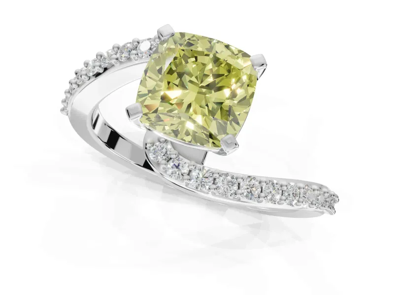 Cushion Cut Bypass Pavé Engagement Ring Setting for a Fancy Yellow Lab-Grown Diamond | White Gold