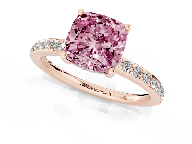 Fancy Pink Cushion Cut Diamond Pavé Band Ring Set in Rose gold with Prong-Set Center Stone