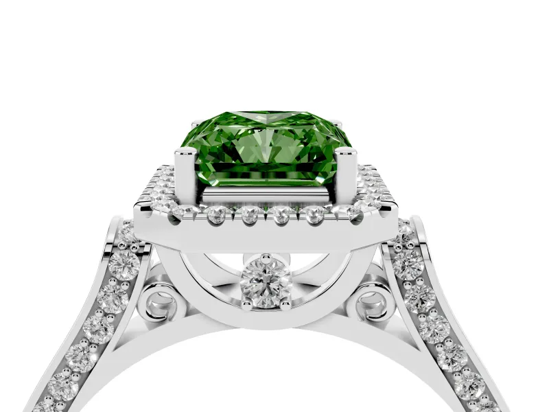 Radiant Cut Halo Engagement Ring Setting for a Fancy Green Lab-Grown Diamond | Pavé Panel Shoulders | Sterling Silver