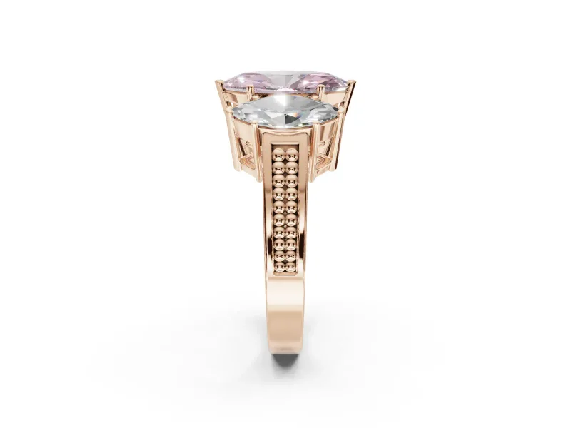 Marquise Three Stone Engagement Ring Setting for a Fancy Pink Lab-Grown Diamond | Beaded Shoulders | Rose Gold